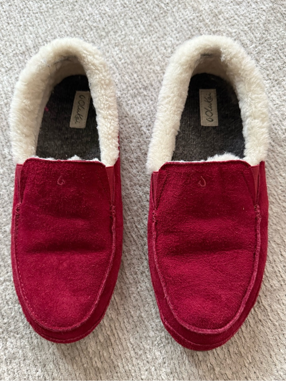 Olukai Ku’una Red Suede Shearling Lined Slippers Women’s Size 11‎